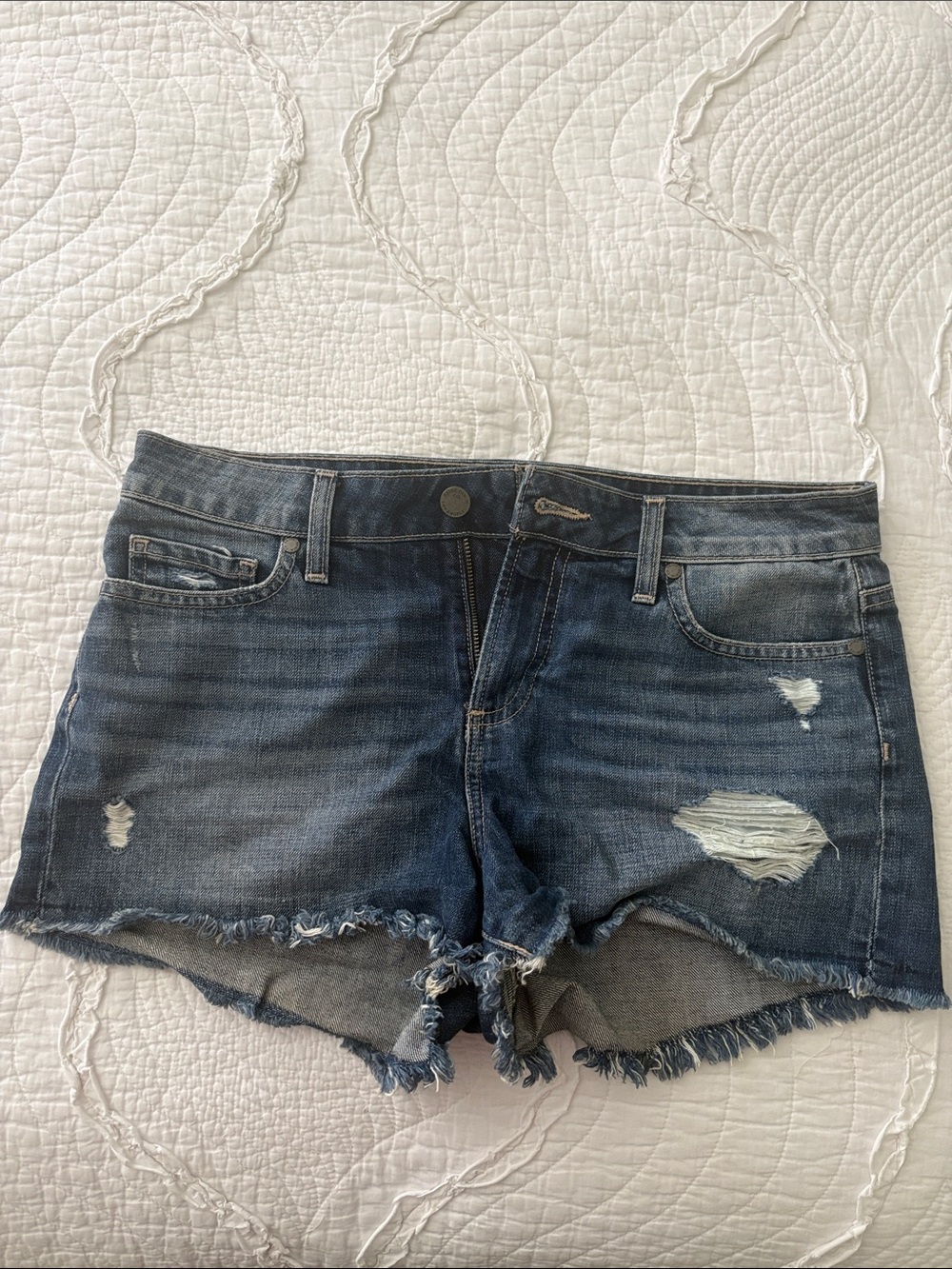 PAIGE Dark Blue Distressed Denim Cutoff Shorts